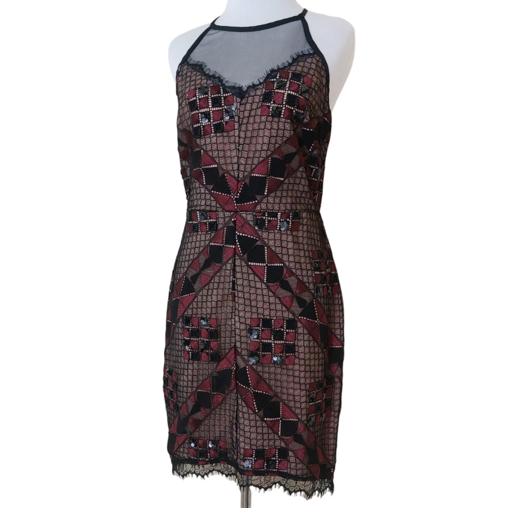 Greylin Burgundy Black Lace Sequin Beaded Detail Bodycon Halter New Years Dress